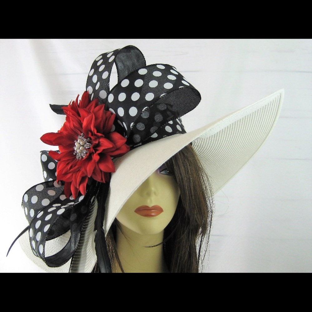 Black, White Polka Dot Red Jeweled Flower Hat